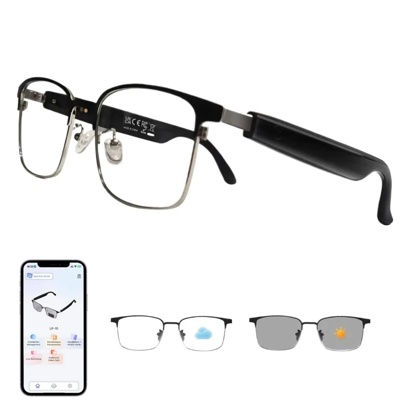 HAIXINDA AI Smart Glasses with ChatGPT, Bluetooth Glasses for Women & Men, Photochromic Lenses, Real-Time Translation in 160+ Languages via APP, AI Glasses with Speakers for Indoor Outdoor (Silver)