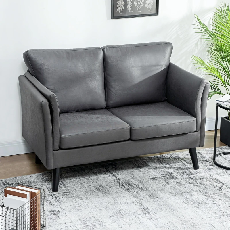 HOMCOM 2 Seater Sofa, Modern Small Sofa with Thicken Cushion, High-Resilience Foam, Rubber Wood Legs, Leathaire Upholstered Loveseat Settee for Living Room, Bedroom, Home Office, Grey