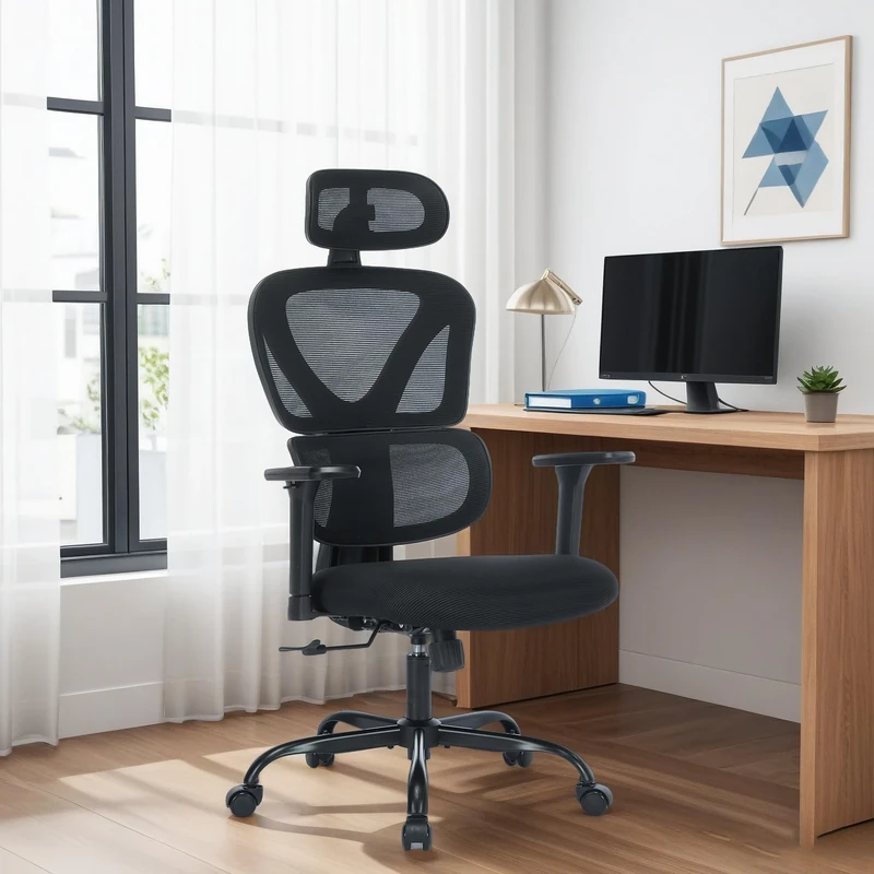 COLAMY Ergonomic Office Chair, High Back Desk Chair with Lumbar Support,Mesh Gaming Chair with 2D Headrest & 3D Armrests, Adjustable Seat Height and Tilt Function for Home Office Study