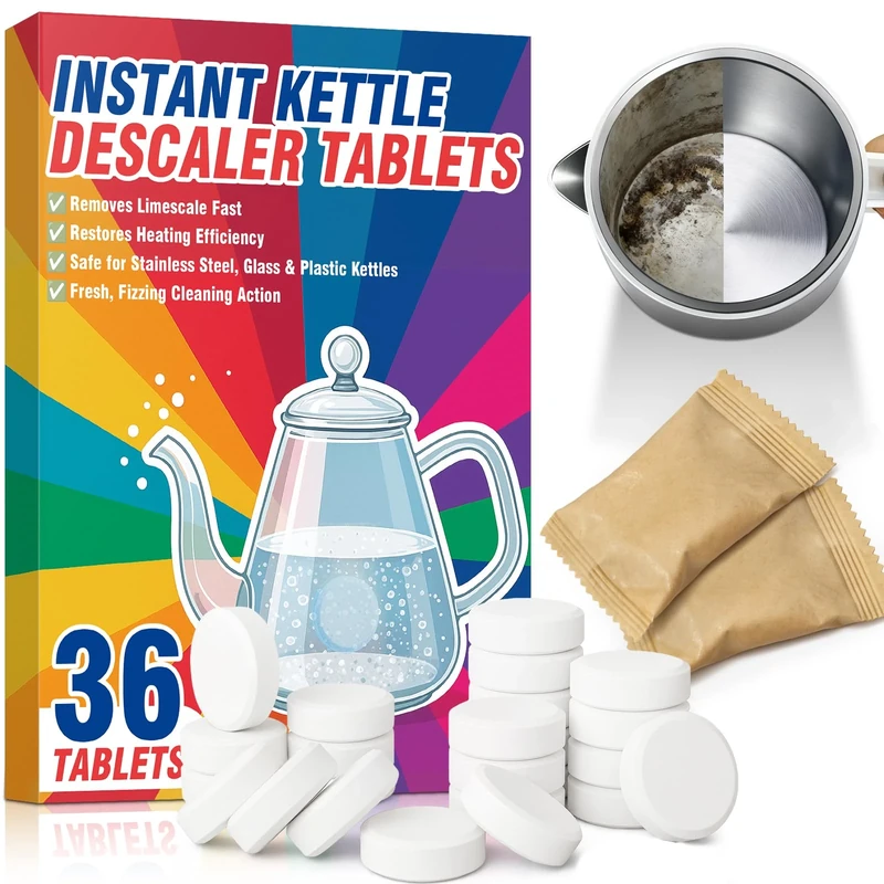 Kettle Descaler Tablets, 36 Pack Powerful Limescale Remover for Kettle, Descaling Tablets Remove Limescale for Stainless Steel, Glass and Plastic Kettles, Easy-to-Use Kettle Cleaner, 1 Year Supply