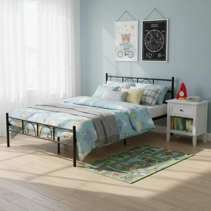 FurnitureR Black Metal Double Bed Frame, Elegant Frame with European Decoration, Sturdy and Easy to Assemble, for Adult or Teen Room, 140 x 190 cm