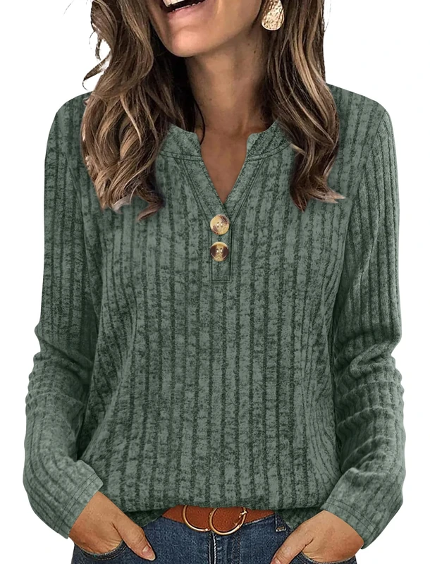 Womens Sweaters Lightweight Long Sleeve Shirts V Neck Tops with Button Fall Outfits 2025, Green, Large