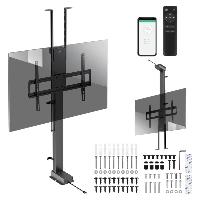 Maclean MC-125 Motorized TV Bracket for Ceiling and Floor 43-88 Inch 60kg VESA 600x400 Remote Control Voice Control Alexa Google Home App Tuya Anti-collision System Elegant Design Black Steel