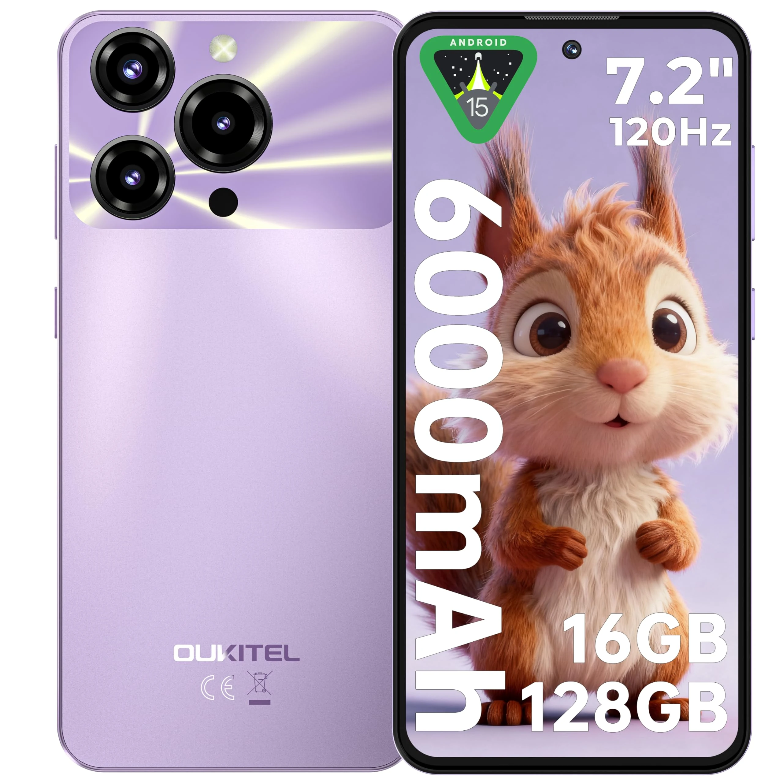OUKITEL C69 Mobile Phones - Android 15 Smartphone, 7.2" HD+ Large Display, 64MP Camera, 6000mAh Battery Phones, 16GB+128GB/1TB, 4G Dual SIM Free Mobile Phone, Fingerprint/Face ID/GPS/BT5.0,Purple