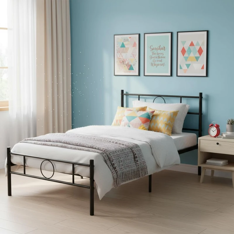 FurnitureR Black Metal Bed Frame, Single Bed with Slatted Base, Elegant Circle Design Decorative for Bedroom, Student, Children, 90 x 190 cm