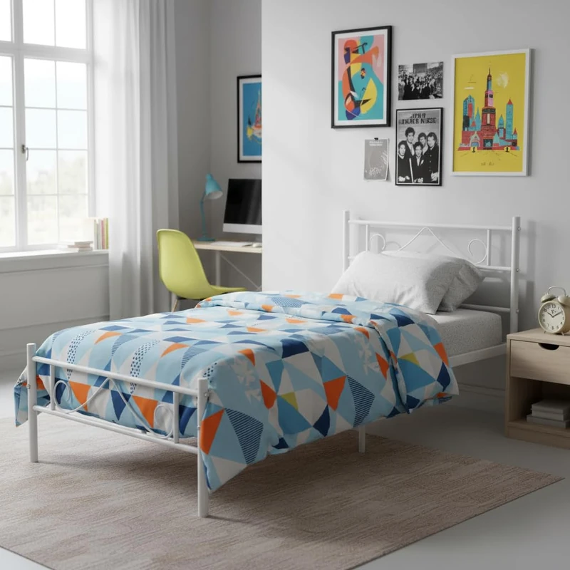 FurnitureR White Metal Bed Frame, Elegant Frame with Ornate Headboard and Footboard, Sturdy and Easy to Assemble, for Bedroom, Studio, Apartment, 90 x 190 cm