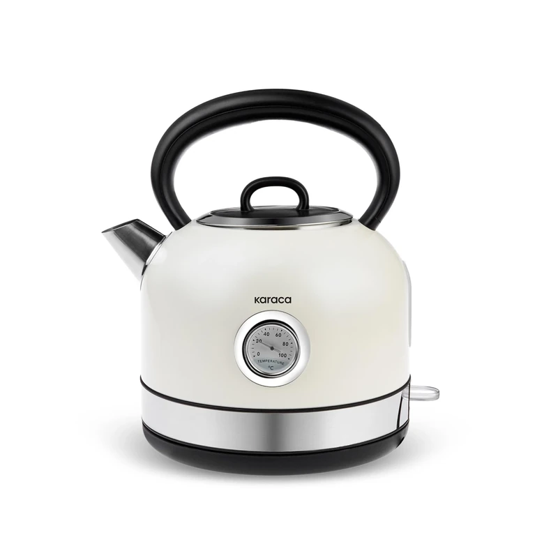 Karaca Retro 2202 Electric Stovetop Kettle, 1.7L, Cream, Fast Boiling, Stainless Steel, Vintage Tea Kettle with Temperature Gauge, Auto Shut-Off, 2200W, 360° Rotating Base