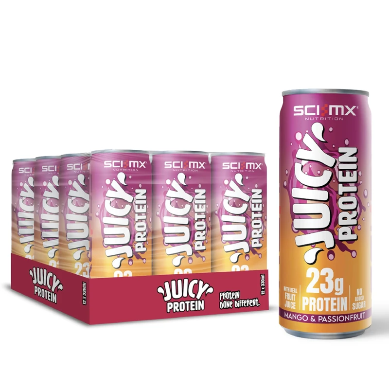 SCI-MX Juicy Protein Sparkling Protein Water with 23g Protein • Mango & Passionfruit Flavour • 330ml x 12 • High Protein Sparkling Drink • Low Calorie & No Added Sugar • Made in UK with Spring Water