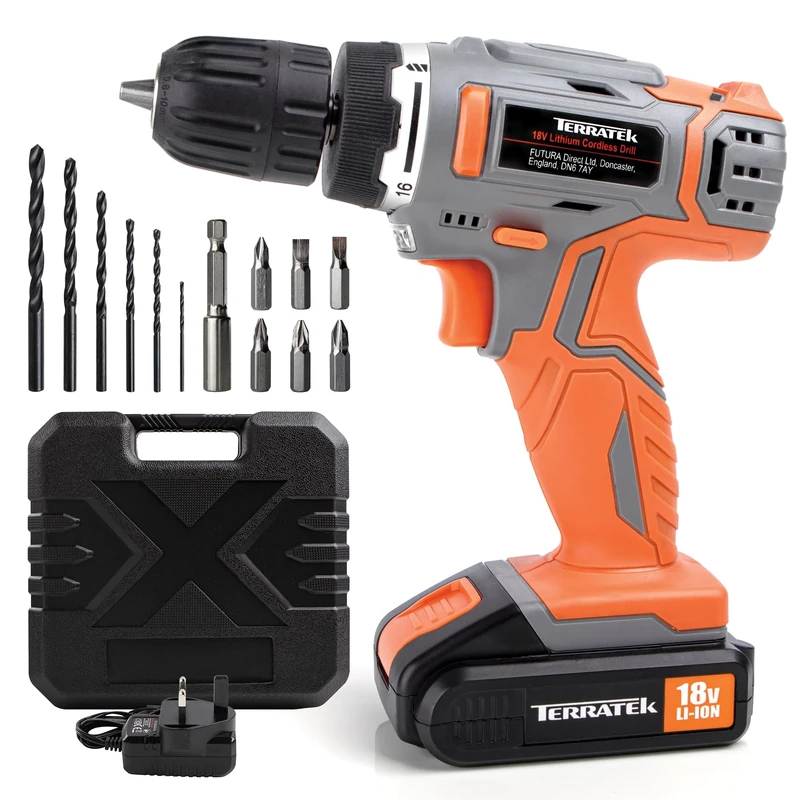 Terratek Cordless Drill Driver, 1HR Fast Charge 18V Lithium-Ion, 13Pc Electric Screwdriver Set, LED Work Light, Electric Drill Quick Change Power Battery with Charger & Carry Case Included