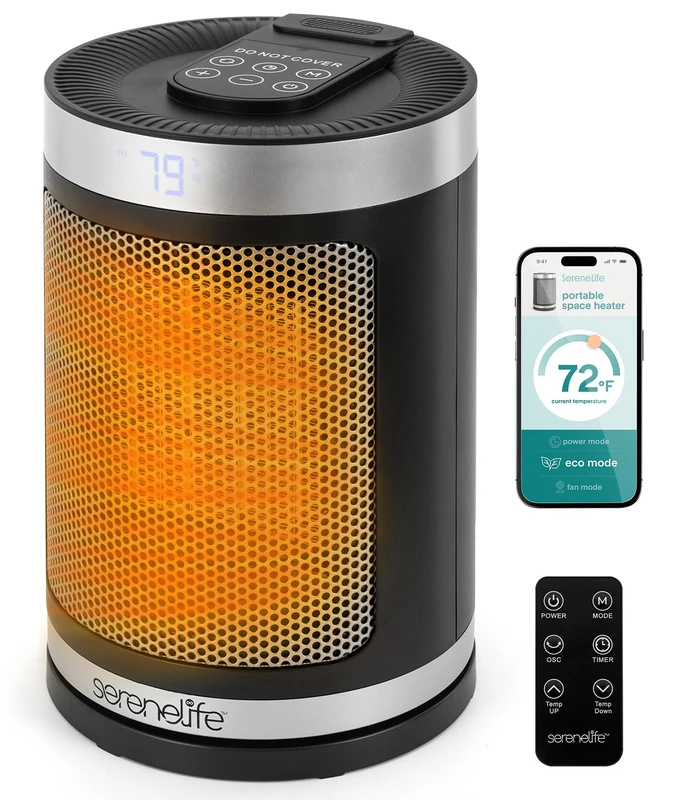SereneLife Electric Space Heater, 1500W Portable Low Energy Ceramic Fan Heater Thermostat, WiFi & Remote Control, Silent Operation, 3 Modes, 12-Hour Timer, Indoor Use, Home, Bedroom, Office (Black)