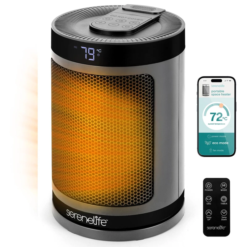 SereneLife Electric Space Heater, 1500W Portable Low Energy Ceramic Fan Heater Thermostat, WiFi & Remote Control, Silent Operation, 3 Modes, 12-Hour Timer, Indoor Use, Home, Bedroom, Office (Grey)