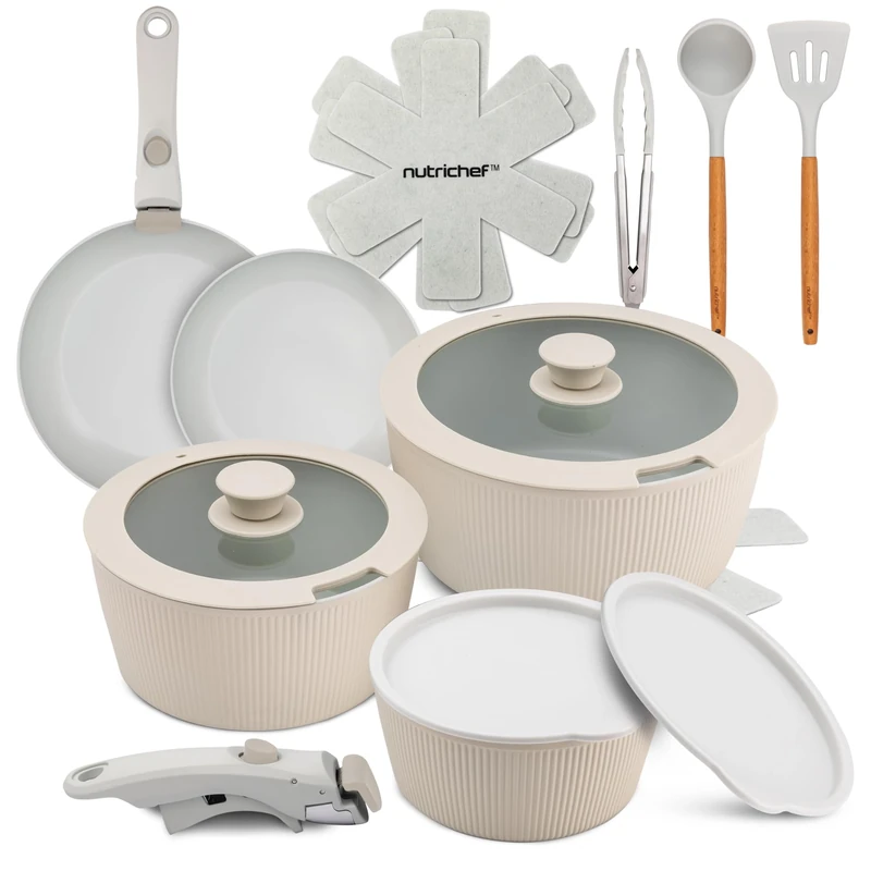 NutriChef Ceramic Pots and Pans Set with Detachable Handles – 18-Piece Stackable Non-Stick Cookware, Oven Safe, PTFE-Free, Space-Saving Cookware for Modern Kitchens, Cream