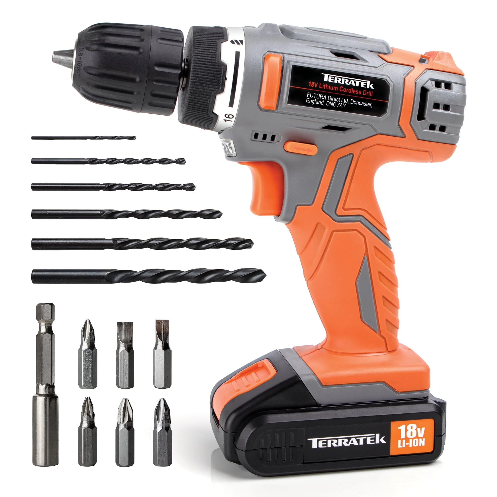 Terratek Cordless Drill Driver, 1HR Fast Charge 18V Lithium-Ion, 13Pc Electric Screwdriver Set, LED Work Light, Electric Drill Quick Change Power Battery and Charger Included