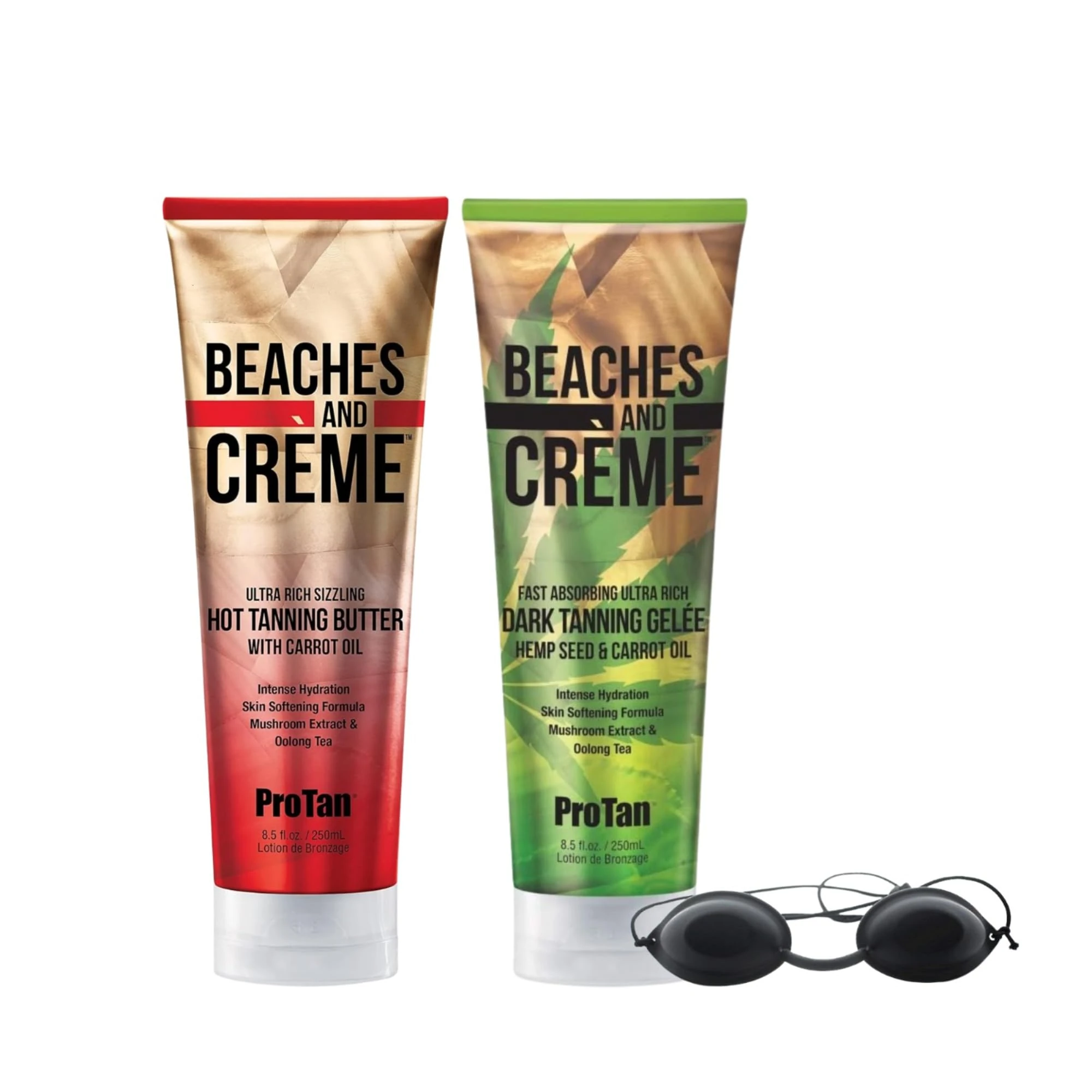 Beaches and Creme Ultra Rich Hot Tanning Butter 250ml & Dark Tanning Gelee 250ml + Sunbed Goggles - Hydrating Tan Enhancer with Carrot Oil, Hemp Seed, Shea Butter & Oolong Tea – Summer Fragrance