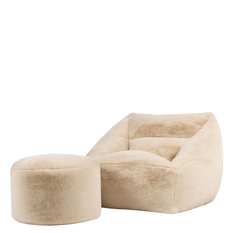 icon Natalia Bean Bag Chair with Pouffe, Natural, Faux Fur, Large Adult Bean Bag with Filling Included, Comfy Chair, Armchair, Living Room Furniture, Bedroom Furniture