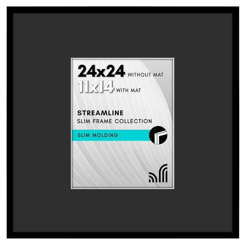 Americanflat 24x24 Picture Frame with Polished Plexiglass - Use as 11x14 Frame with Black Mat or Display 24x24 Photo Without Mat - Streamline Collection - Thin Border Square Frames for Wall - Black