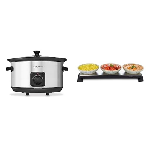 Morphy Richards Buffet Serving Bundle, 6.5L Slow Cooker & Cordless Warming Tray, Functions, Social Events, Energy Efficient Cooking, Easy to Use, Stainless Steel, 461013/486000