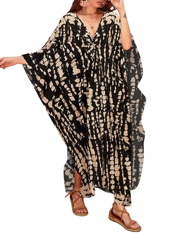 Bsubseach Casual Kaftan Dresses for Women V Neck Plus Size Swimsuit Cover Up Beach Vacation Dress Black Khaki Pattern