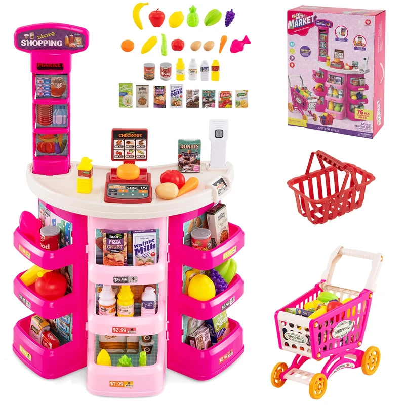 GYMAX Kids Grocery Store, 76 PCS Pretend Supermarket Playset (Pink)