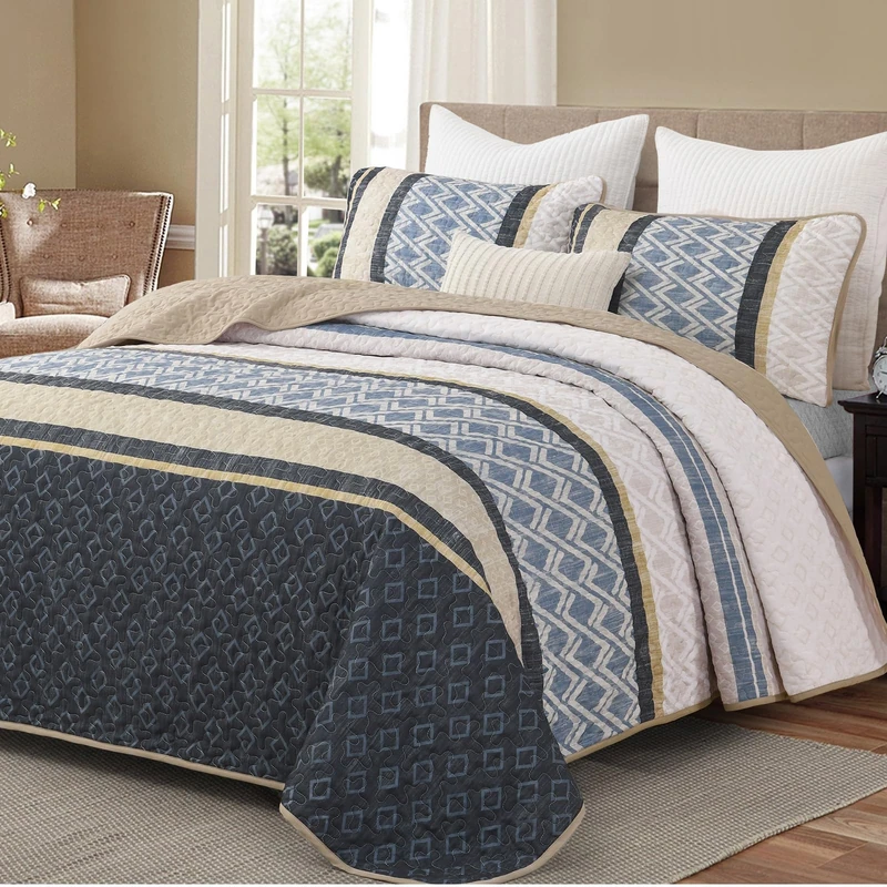 Dinjoy Queen Quilt Set Blue Gray, Striped Bedspread Queen Size Bedding Sets 3 Pieces Micofiber Lightweight Quilts with 2 Pillow Shams Coverlet Bed Sets for Women Men 96''x90''