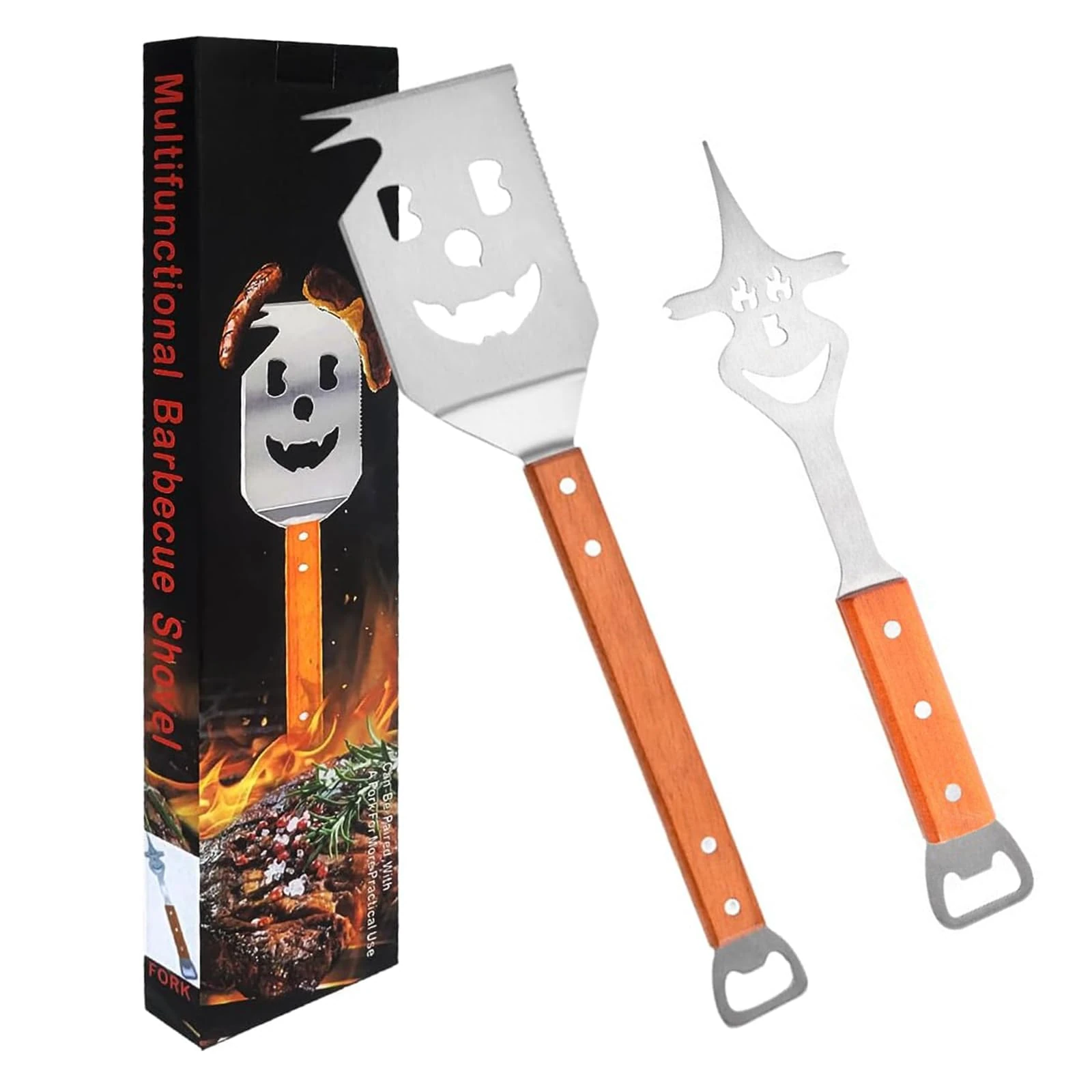 RZJZGZ 8 in 1 Multifunction BBQ Tool, 2 Pcs Outdoor Grill Spatula Set Box Pack Perfect BBQ Gifts for Men, Fork, Saw, Bottle Opener for Grilling, Barbecue Utensils Kit - Surprise for Men