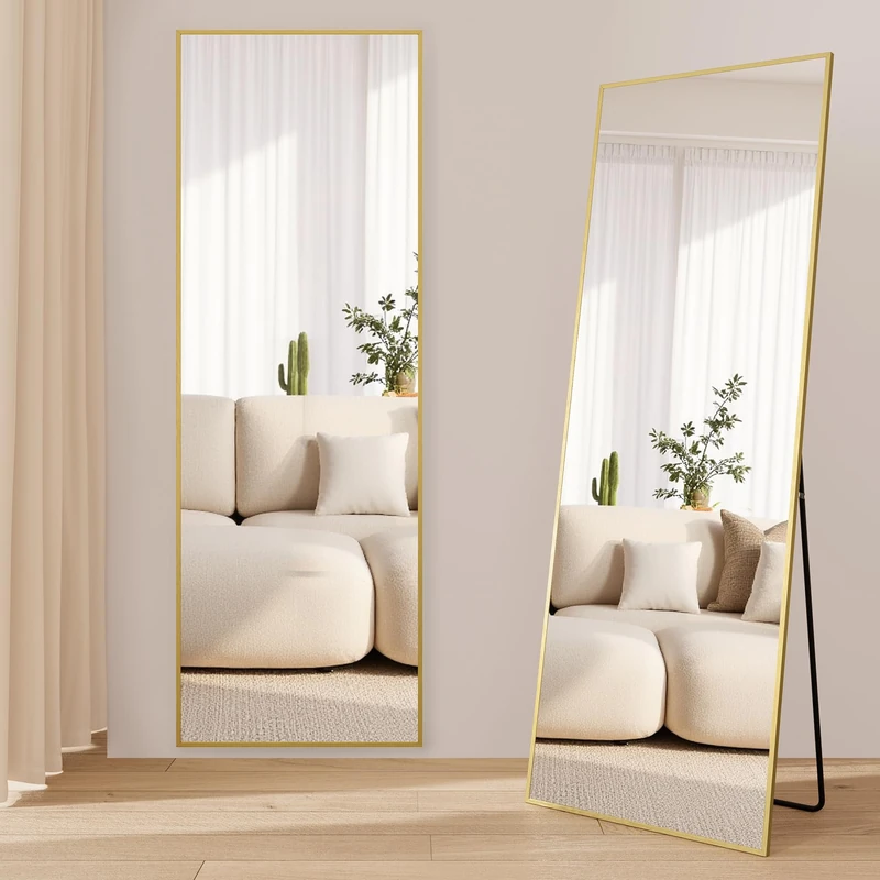 SONGMICS Full Length Mirror, Rectangle Full Body Floor Mirror with Stand, Aluminium Alloy Frame, Tempered Glass, for Bedroom, Living Room, Cloakroom, Square Corner, 160 x 50 cm, Pale Gold LFM050AB01