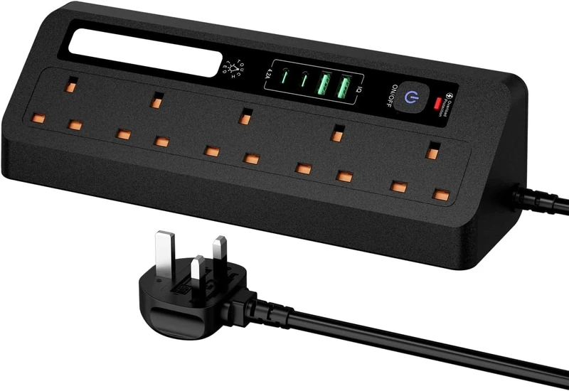 Extension Lead with 2 USB and 2 Type-C, 5 Way Corner Power Strip with Touch Night Light, Overload Protection with 1.8M Cable for Home and Office, Black - Image 1