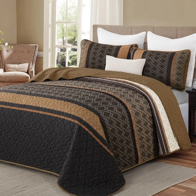 Dinjoy Quilt Set Full Size Boho Striped Brown Striped Bedspreads 3 Pieces Quilted Quilts Bedding Set with 2 Pillow Shams Lightweight Coverlet Bed Sets for Fall Winter 78''x90''