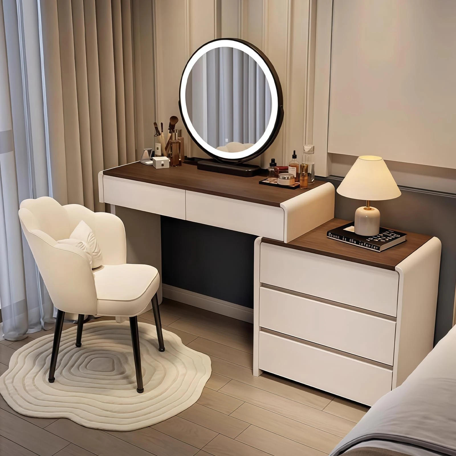 MJKCBD Dressing Table Set with LED Lighting, Vanity Desk with Walnut Tabletop, Adjustable Large Side Cabinet, 5 Drawers, Makeup Table with Chair for Bedroom,39.4inch, White