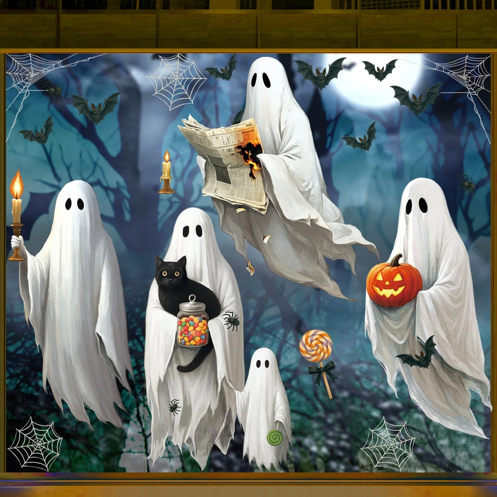 AhfuLife 4 Sheets Large Halloween Ghost Window Stickers Decorations, 43 x 90cm, Big Spooky Ghost Window Clings Double Side Reusable Decals for Halloween Home Bar Shop Street Party Decorations