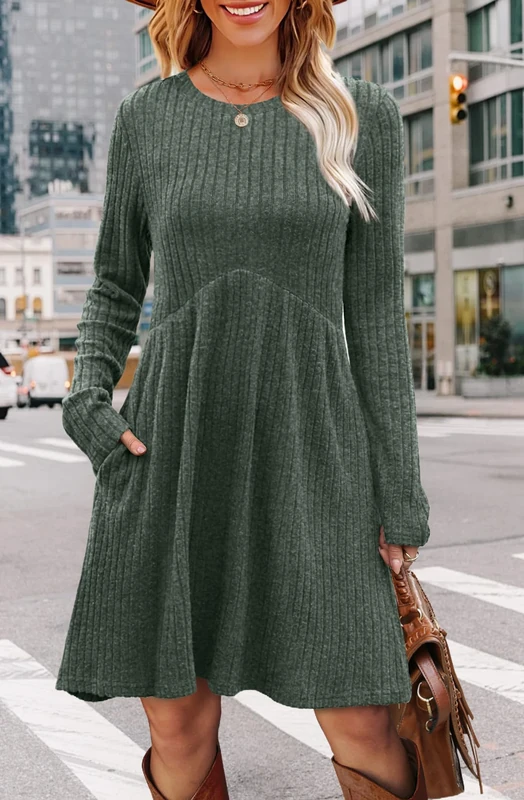 Long Sleeve Dress for Women Crew Neck Empire Waist Tunic Dress with Pockets, Green, Medium