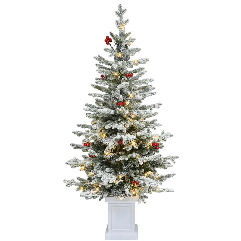 YITAHOME Prefabricated Artificial Christmas Tree with Lighting, 140 cm Slim Fir with 11 Red Berries, 358 PE/PVC Mixed Branches and 100 Warm White LEDs for Living Room, Office Decoration