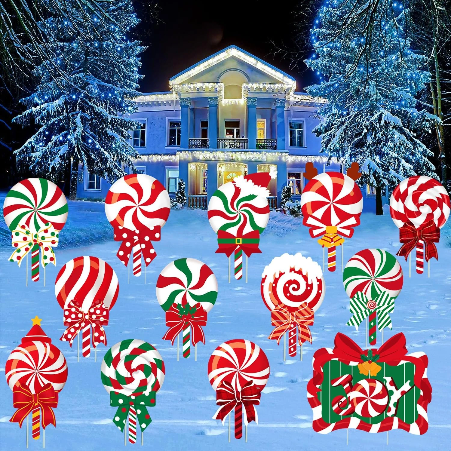 JOLCEEY 13pcs Christmas Candy Yard Signs, Plastic Xmas Candy Lawn Signs with Stakes for Christmas Outdoor Lawn Garden Decorations