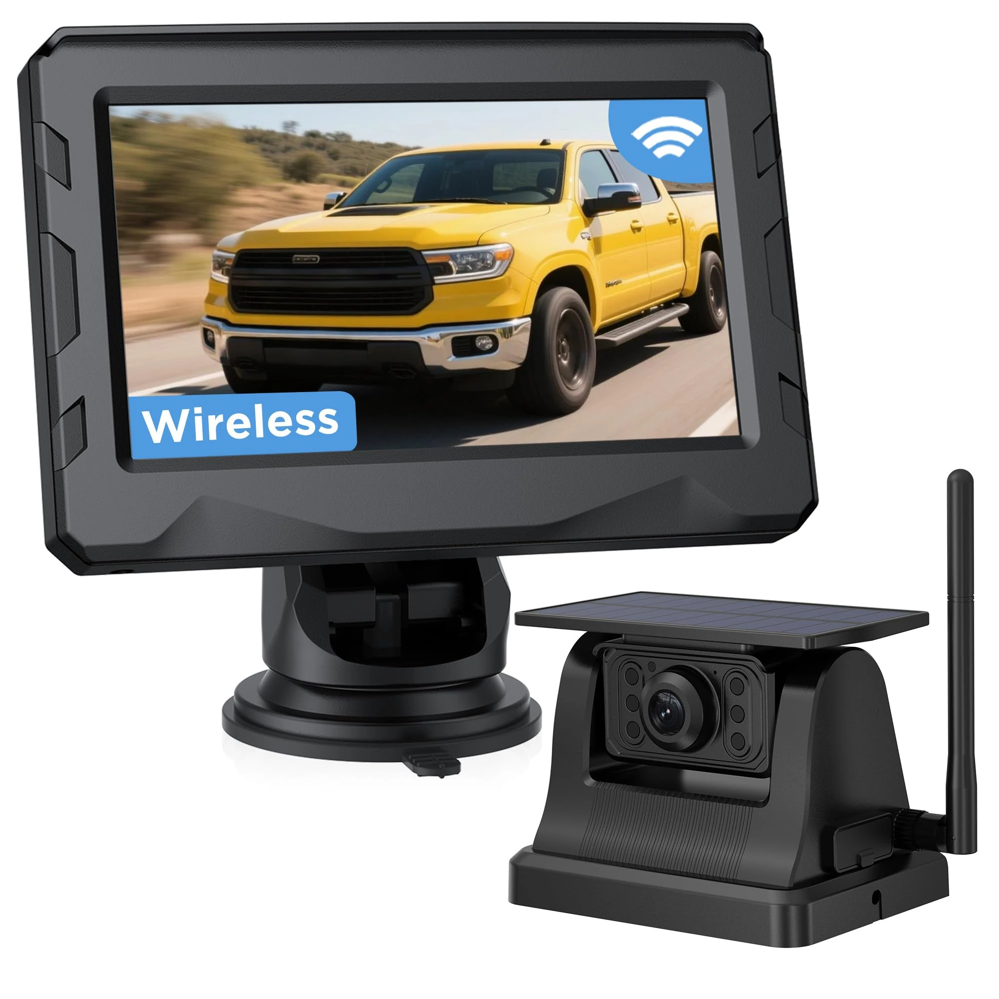 Camttrianer Wireless Reversing Camera With Magnetic & Solar Panel, HD LCD Monitor - 1080P Video Record, 2.4Ghz, IR Night Vision, Reversing Guideline, Reverse Camera For Car Van Motorhome & Trailer