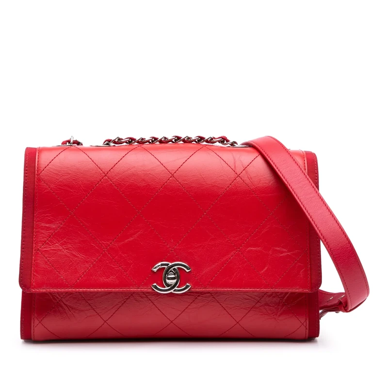 Chanel Pre-Loved CC Quilted Crumpled Calfskin And Grosgrain Flap Crossbody Bag