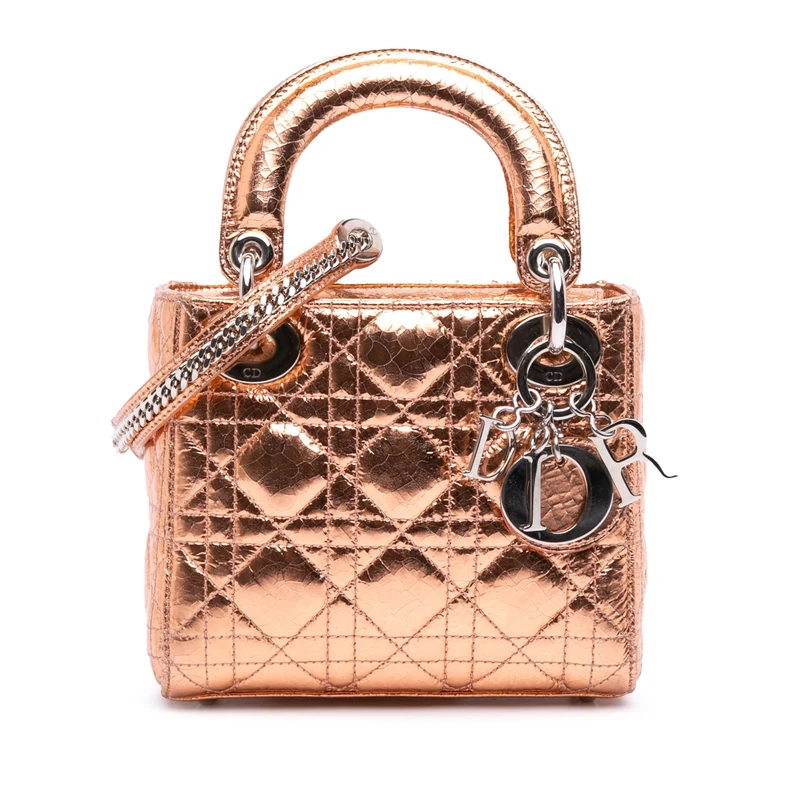 Dior Pre-Loved Mini Metallic Crinkled Calfskin Cannage Lady Handbag