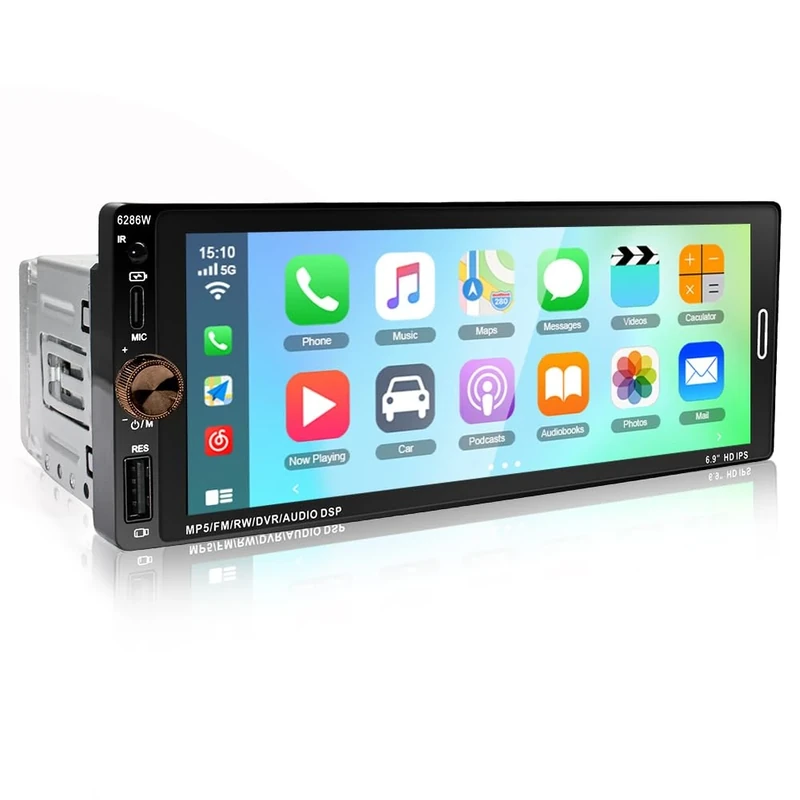Single Din Car Stereo with Wireless CarPlay/Android Auto/Mirror Link, 6.9 Inch 1 Din HD Touchscreen Radio with WiFi Bluetooth GPS FM RDS SWC EQ USB Type-C Backup Camera Mic
