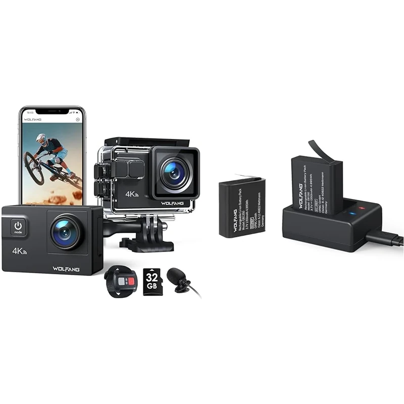 WOLFANG Action Cam GA300 4K60FPS with 32GB & Battery Charger Set