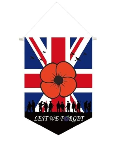 12x18 Inch Red Poppy Union Jack Hanging Flag Lest We Forget Window Flags Outdoor Garden Banner with Wooden Flag Hanger