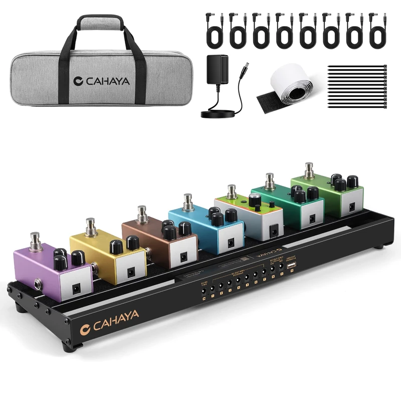 CAHAYA Compact Power Guitar Crankset - Lightweight Aluminium Alloy Pedalboard with Integrated Power Supply, DC Cables, USB Output, Carry Bag and Adapter 49 x 13 cm, 0.88 kg