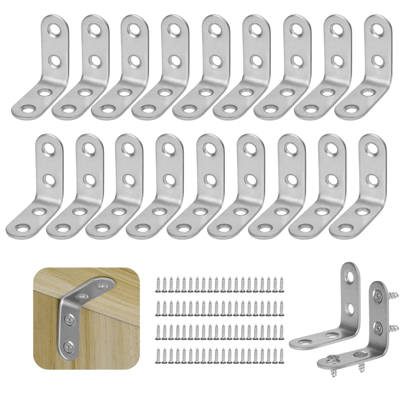20 pcs Angle Brackets, Stainless Steel L Brackets for Wood, Right Angle 90 Degree Corner Bracket with 80 pcs Screws for Furniture Fixation Desk Table Shelf Corner Brace (40 x 40mm, Silver)