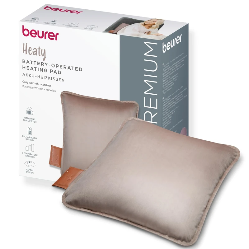 Beurer Heaty Heat pad, Cordless Heating pad with Battery, with Automatic Switch-Off Function and 3 Temperature Settings, with Fast Heating, Soft Velvet Fabric, Smokey Taupe