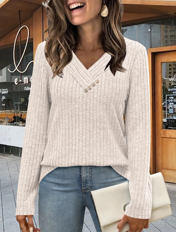 Generic Apricot V-Neck Long Sleeve Button Sweater - XL 2025