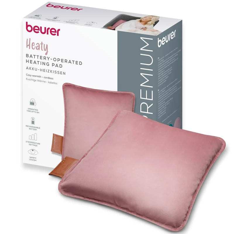 Beurer Heaty Heating Pad, Wireless Heating Pad with Battery, with Auto Shut-Off and 3 Temperature Settings, Heats Quickly, Soft Velvet, Pink