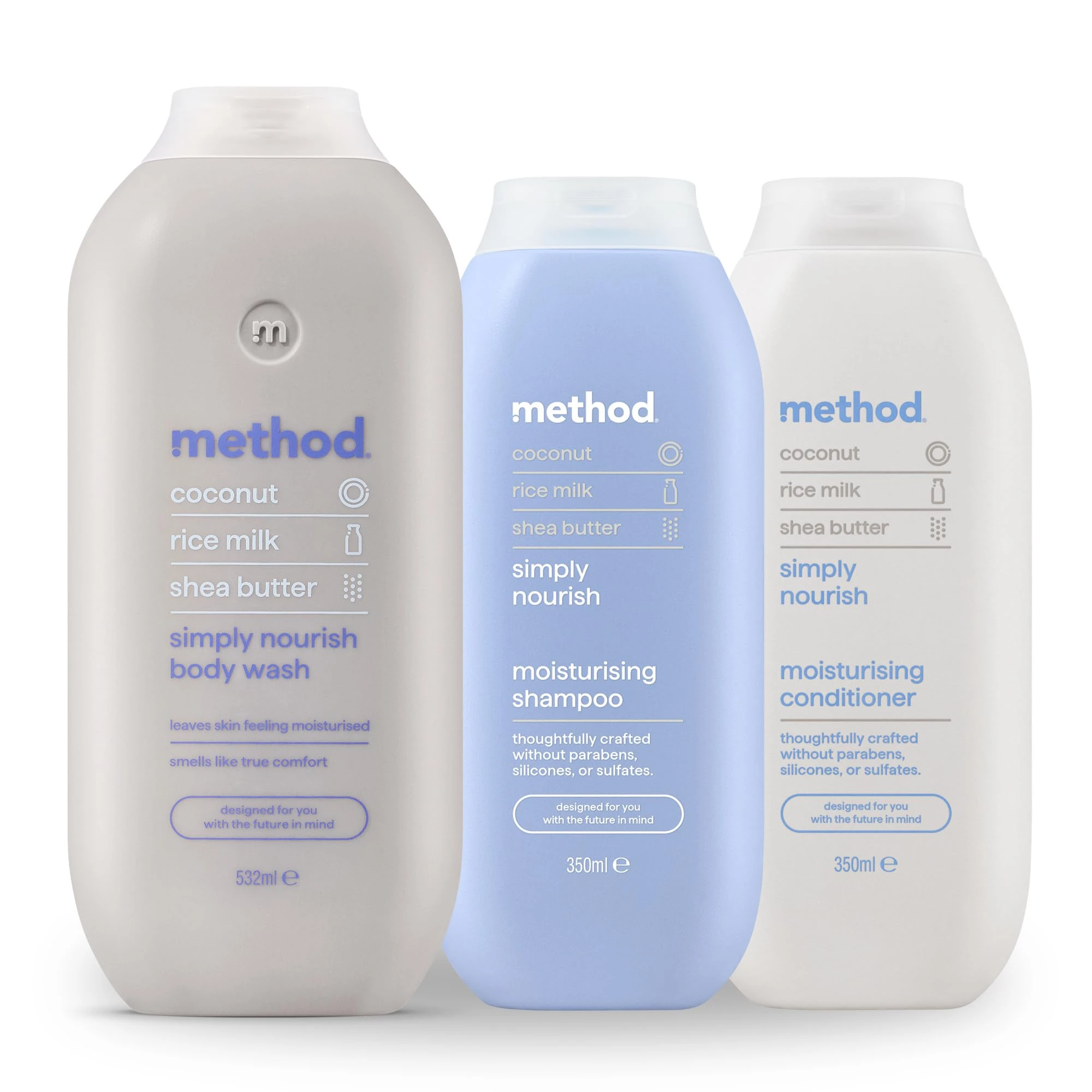 Method Simply Nourish Regime Kit : Simply Nourish Shampoo (1x 350ml), Conditionner (1x 350ml) and Body Wash (532 ml) Coconut, Rice Milk & Shea Butter Scent, Sulphate-Free