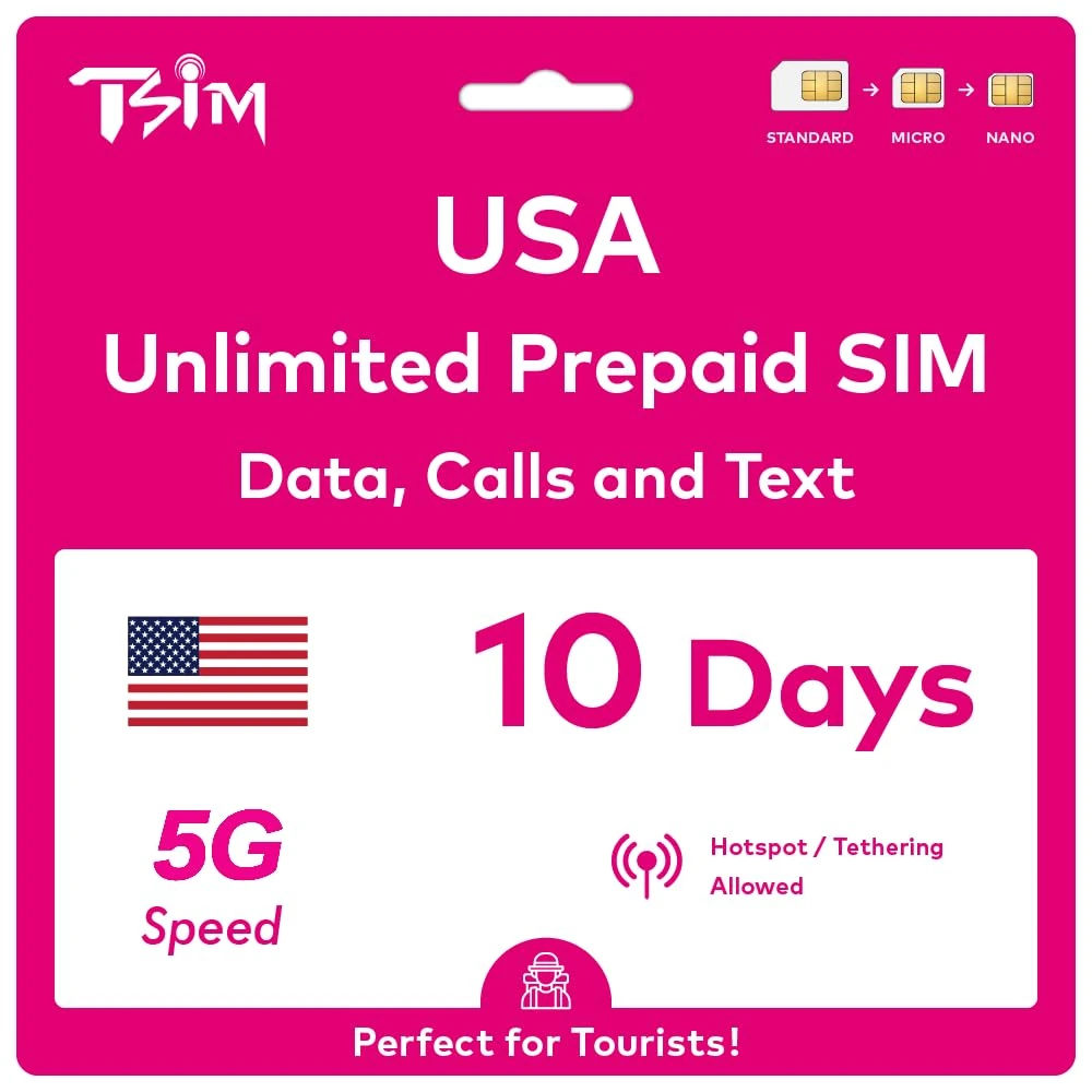 USA SIM Card for Travel to the USA. 10 Days PrePaid. T-Mobile network with Unlimited Data, Calls and Texts (Hawaii Included). New Upgraded 5G SIM Card!