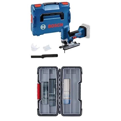 Bosch Professional 18V System Cordless Jigsaw GST 18V-125 S + Bosch Professional 30-Piece Basic for Wood and Metal Jigsaw Blade Set (for Wood and Metal, Accessories for Jigsaws), Black/Silver