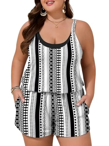 Summer Mae Plus Size Swim Romper Women One Piece Swimsuit Blouson Bathing Suit with Pockets 2025 Modest Swimwear, Chain Point Geometry, 22 Plus