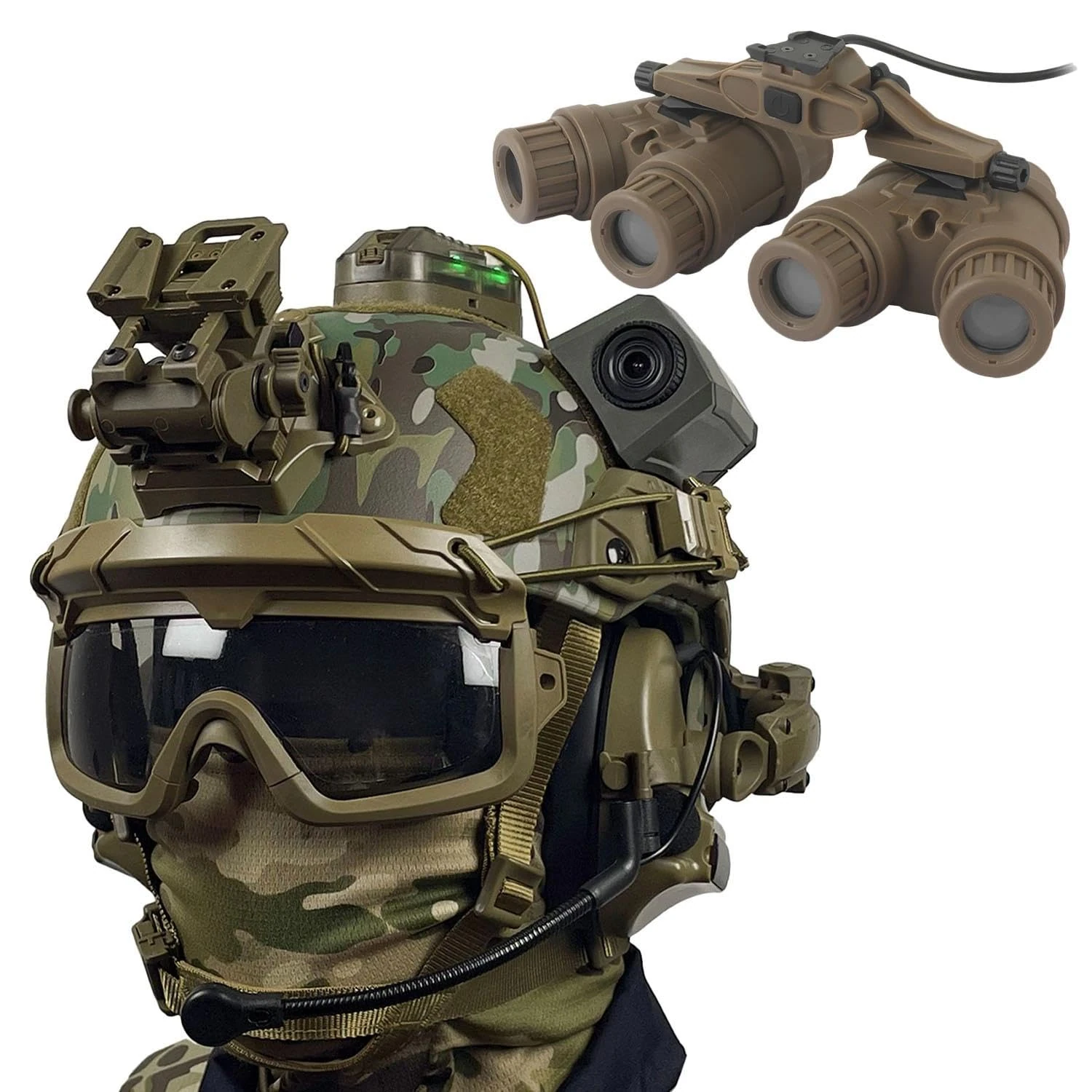 Airsoft Helmet & Tactical Headset Set, FAST SF Thickened Helmet with Goggles, NVG Model, L4G24, Signal Light, Counterweight Pouch, for CS Game Paintball Cosplay(Set D CP)