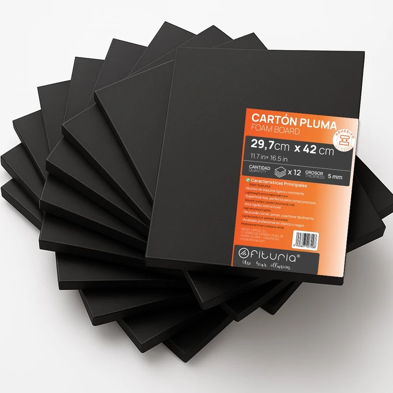 OFITURIA Black Foam Panel A3 Adhesive (29.7 x 42 cm) Pack of 12 Pieces, Foam Sheet, Lightweight and Rigid Foam Board, Multi-Purpose Foamboard with Easy Cut, Ideal for Crafts and Models, Thickness 5 mm